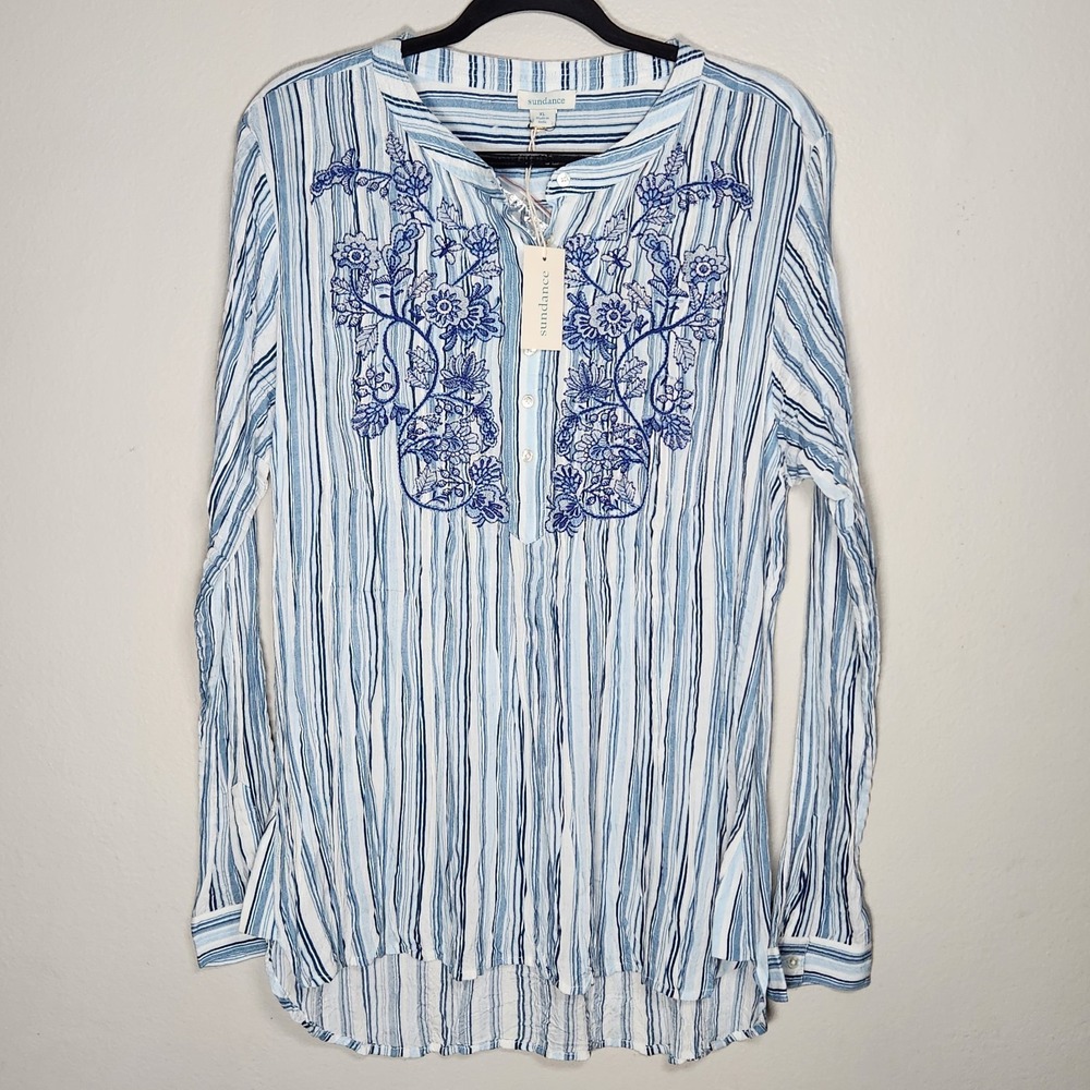 Sundance Womens XL  Soft Girl Coastal Cowgirl Embroidered Stripe Blouse Top NWT